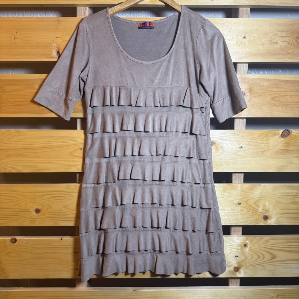 Isle Apparel Faux Suede Ruffle Dress Womens M Taupe Brown